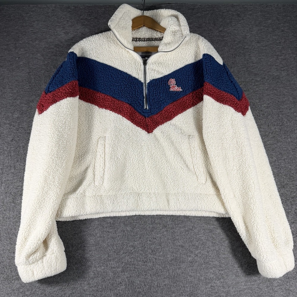 Ole Miss Rebels Sherpa 1/2 Zip Pullover Striped Retro Embroidered SZ M Football